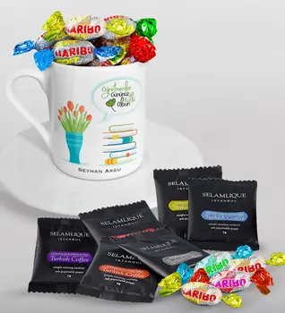 

Personalized Teachers Present-Day Happy Turkish coffee Cup Selamlique Mixed Turkish Coffee House and Haribo Candy Gift Seti-3