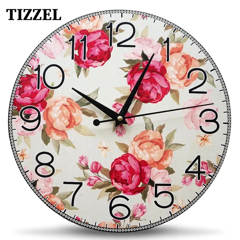 Часы настенные Peonies TIZZEL Wall Clock Wood Vintage Modern Design Antique Style For Home Living Room Kitchen 30 cm | Дом и сад