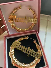 DOREMI-pendientes de aro de bambú de acero inoxidable, personalizables, con nombre, estilo bambú, con palabras llamativas