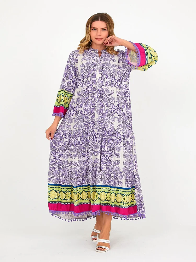 

Sleeves Margate Detailed Viscose Fabric Patterned Long Dress 2022 New Fashion Women's Clothing 3 Color Options
