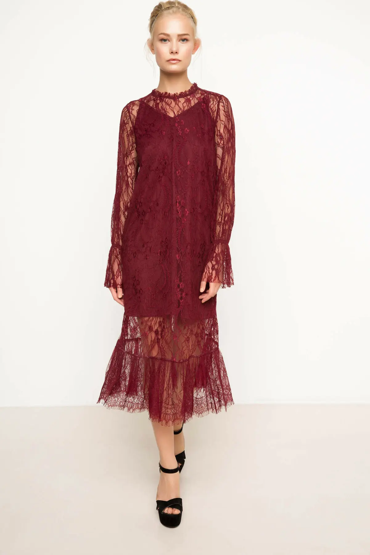 

DeFacto Fashion Crewneck Woman Woven Sexy Lace Long Dress Ladies Elegant Charming Dresses Female Autumn New - I2391AZ17AU