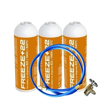 

3 bottles Refrigerant Gas Freeze + 22 400Gr + Valve + Hose Organic Substitute R22/R404/R407C/
