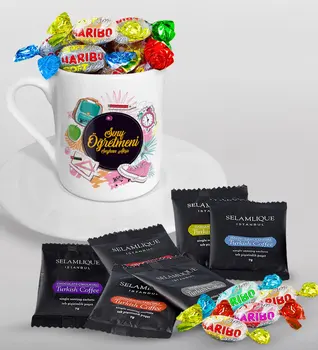 

Personalized Class Teacher Turkish coffee Cup Selamlique Mixed Turkish Coffee House and Haribo Candy Gift Seti-14