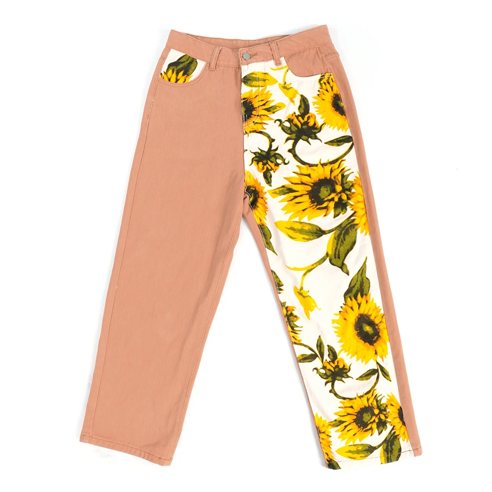 Jeans Woman Vintage High Waist Pants Fit Young Girls Cute Sunflower Stitching Pattern Autumn Winter Trousers Female Orange levis 501