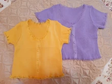 T-Shirt Women Tops Button-Crop-Top Short-Sleeve O-Neck Basic Blue Ruffles Casual Summer