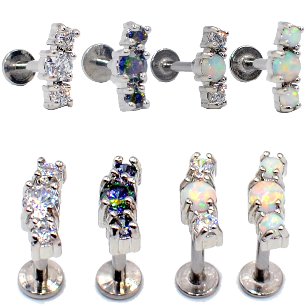 

4PCS Trio Opal Zircon G23 Titanium&Steel Ear Tragus Helix Cartilage Earring Stud Labret Monore Lip Stud Ring Piercing Jewelry