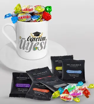 

Personalized Lecturer Turkish coffee Cup Selamlique Mixed Turkish Coffee House and Haribo Candy Gift Seti-2