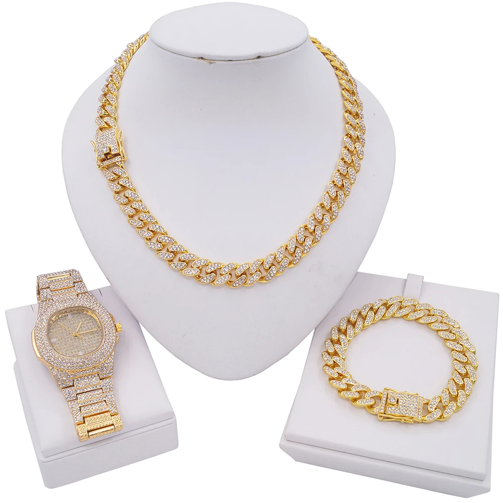 Men Cuban Chain Gypsophila Watch Sets 