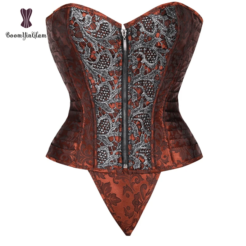 brown Передняя молния корсет с цветочным принтом бюстье пара панк готический Korsett для женщин сексуальная форма Топ с стринги - Цвет: brown