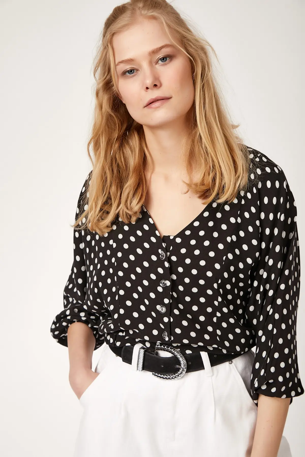 Happiness ist. Women's Black Polka Dot V Neck Buttoned Blouse LP00006 |