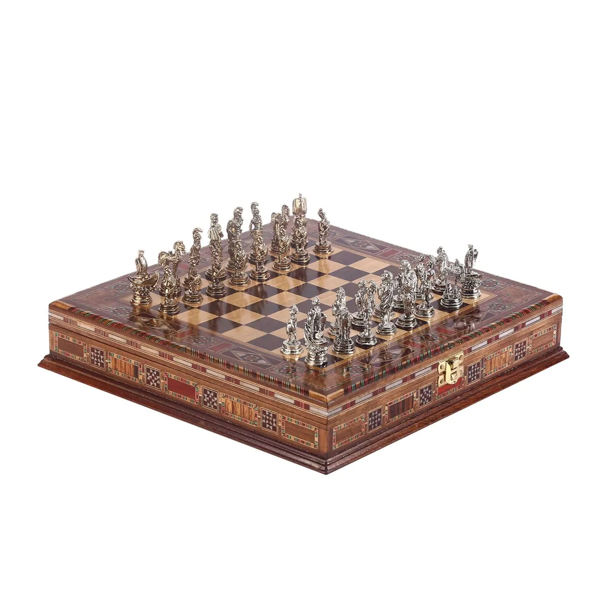 US $134.90 Historical Troy Figures Metal Chess Set Handmade Pieces Natural Solid Wooden Chessboard storage Inside Small Size King 5cm