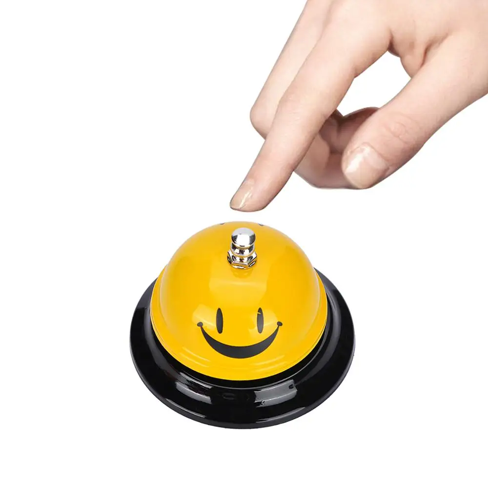 

Yellow Stainless Steel Black Base Smiley Mechanical Design Fun Ringing Bell Ringing Table Bell Game Bell-1