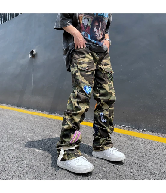 Yinyinxull Men's Tie-Dyed Baggy Jeans Y2K Wide Leg Loose Denim Pants Hip Hop Cargo Trousers Camo Streetwear Light Blue S, Size: Small