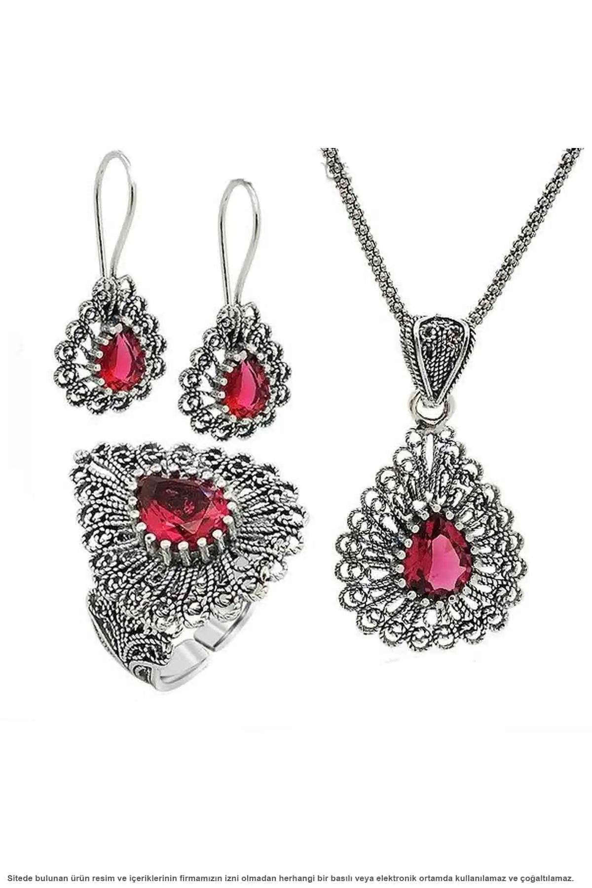 

Lal Stone Silver Filigree Triple Set Jewelry Midyat