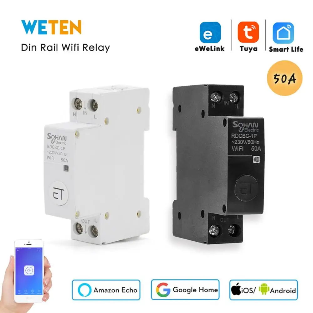 Tuya / eWelink Wifi Circuit Breaker Din Rail Smart Breaker 1P 50A App Remote Control Work with Alexa Google Home for Smart home