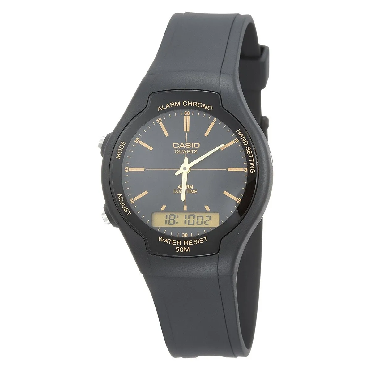 Оригинальный Casio AW 90H 9E Chrono Дата 50 метров черные золотые часы двойное