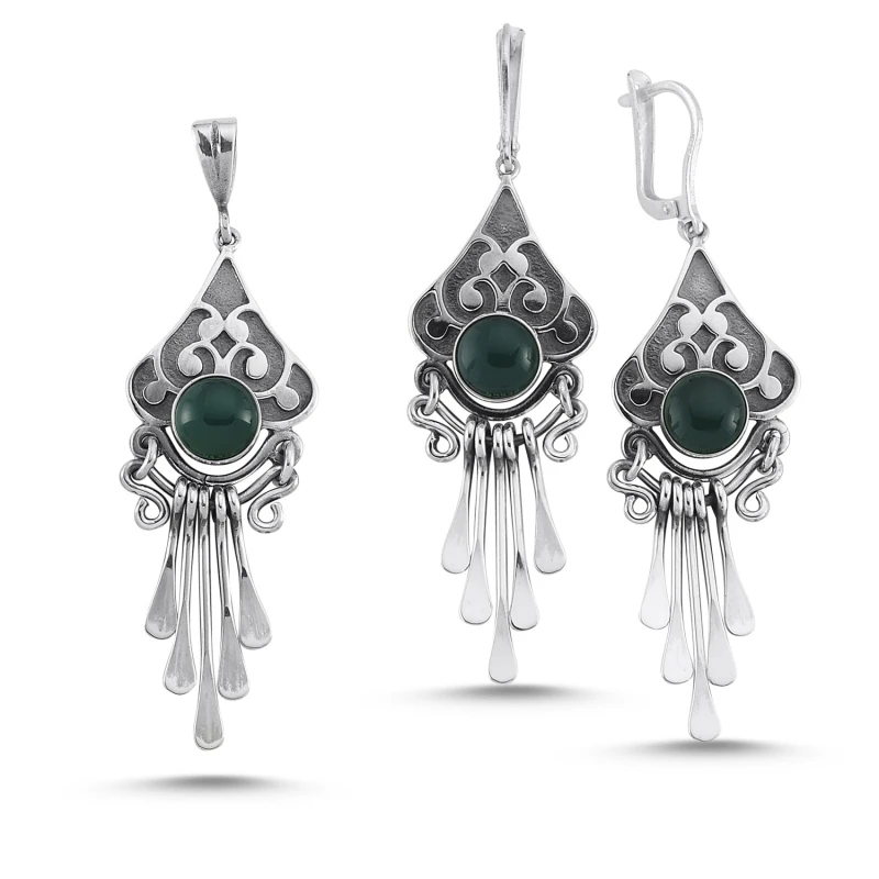 

Silver 925 Sterling Green Agate Stone Handwork Set