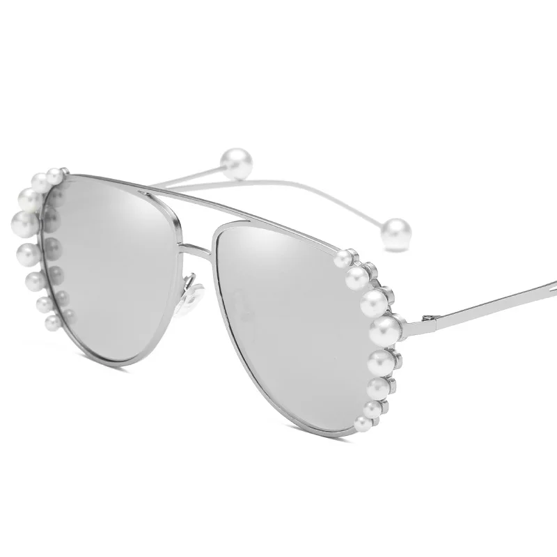 C02SilverSilver Роскошные женские солнцезащитные очки с жемчугом, очки пилота, солнцезащитные очки для вождения, солнцезащитные очки, стильная металлическая оправа, UV400 Oculos De Sol PL1087 - Цвет линз: C02SilverSilver
