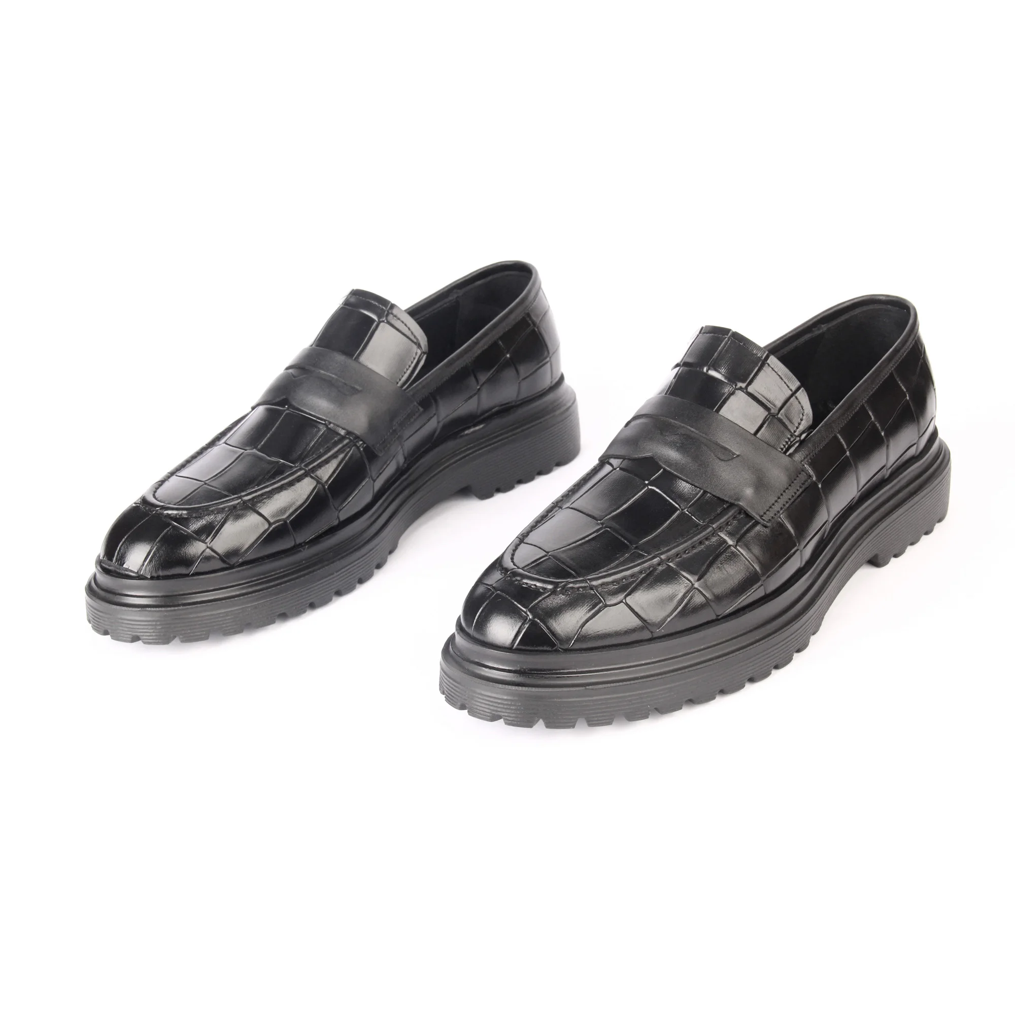 

Handmade Black Penny Loafers, Height Increasing EVA Sole, Croco Alligator Imitation Embossed Calf Leather, Men's Casual Shoes
