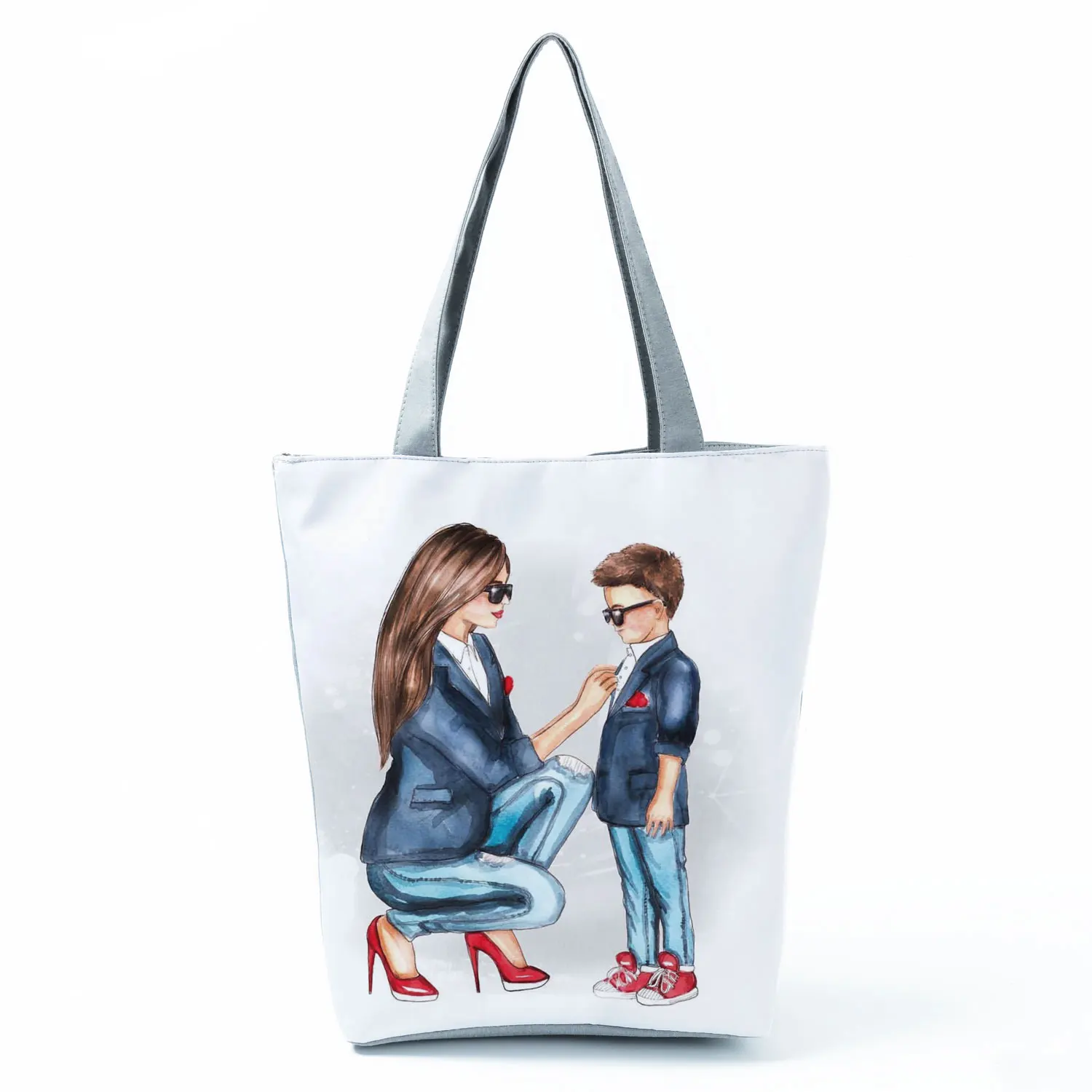 Cute Cartoon Super Mama Print Tote Bag Reusable Shoulder Bags Mom and Baby Folding Women Casual Handbags Portable Shopping Bags 