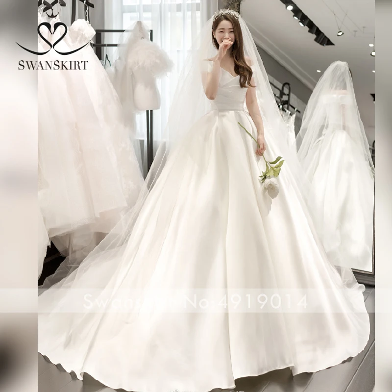 Vestido de Noiva простой с открытыми плечами свадебное платье Swanskirt с вырезом "лодочка" Атласное ТРАПЕЦИЕВИДНОЕ платье принцессы для девочек по индивидуальному заказу невесты ES01