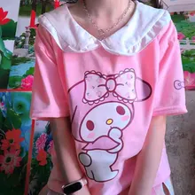 Camiseta japonesa de manga corta con estampado de dibujos animados para mujer, blusa rosa con cuello de muñeca, playera holgada suave para chica