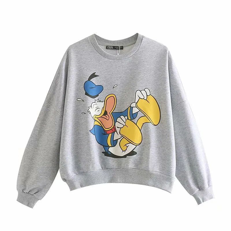 

Obrix Sporty Loose Cartoon Character Print Female Hoodie O-Neck Loose Full Batwing Sleeve Wide Waisted Donald Duck Sweatshirt