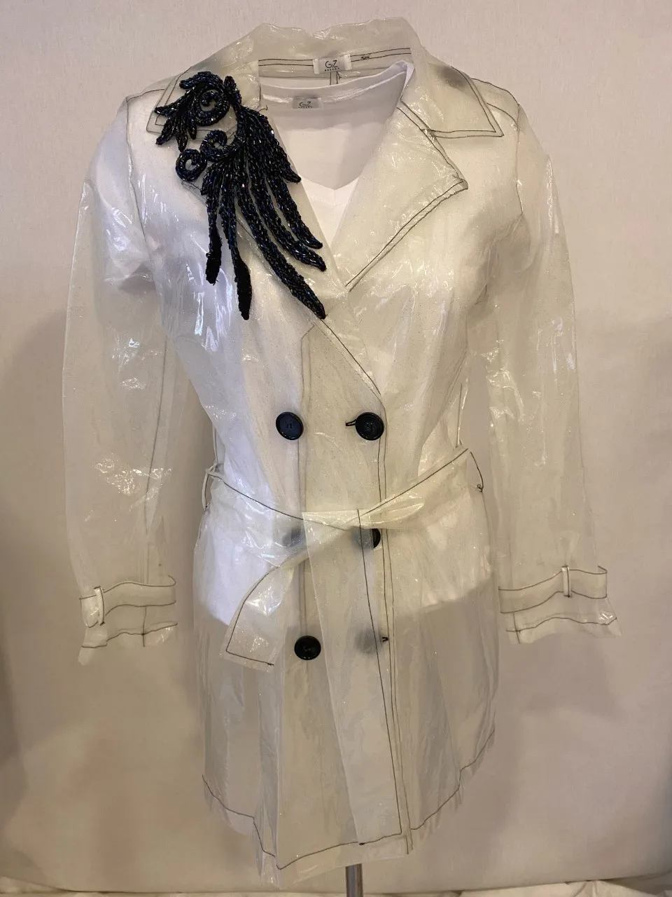 Transparent Raincoat with Embroidered Collar