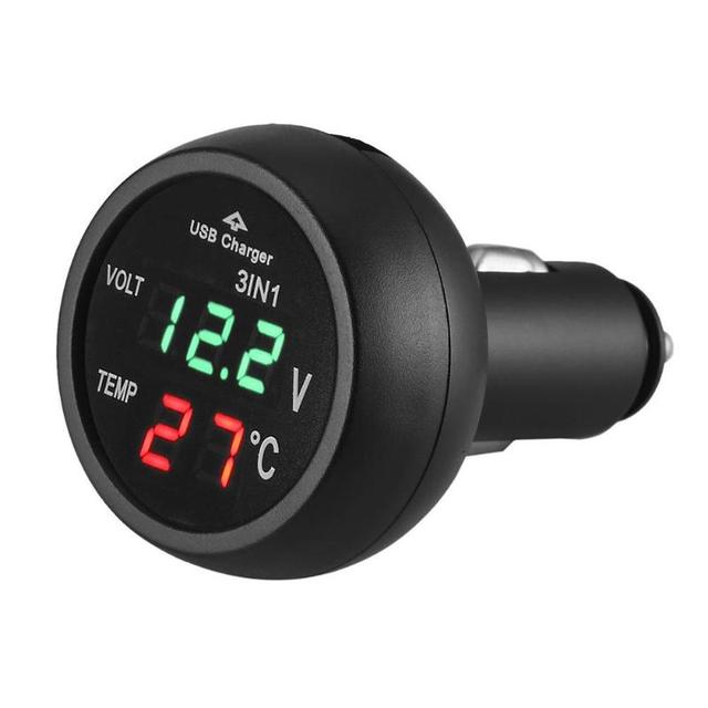 Digital Meter Monitor 3 in 1 LED USB Car Charger Voltmeter Thermometer Car Battery Monitor LCD Digital Dual Display