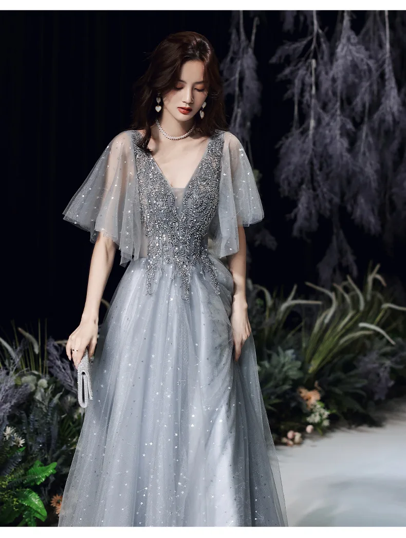 

CloverBridal In Stock Cheap Short Sleeves Grey 2021 Summer Prom Party Dresses Floor Length 7th Students Graduation Dress DH9478