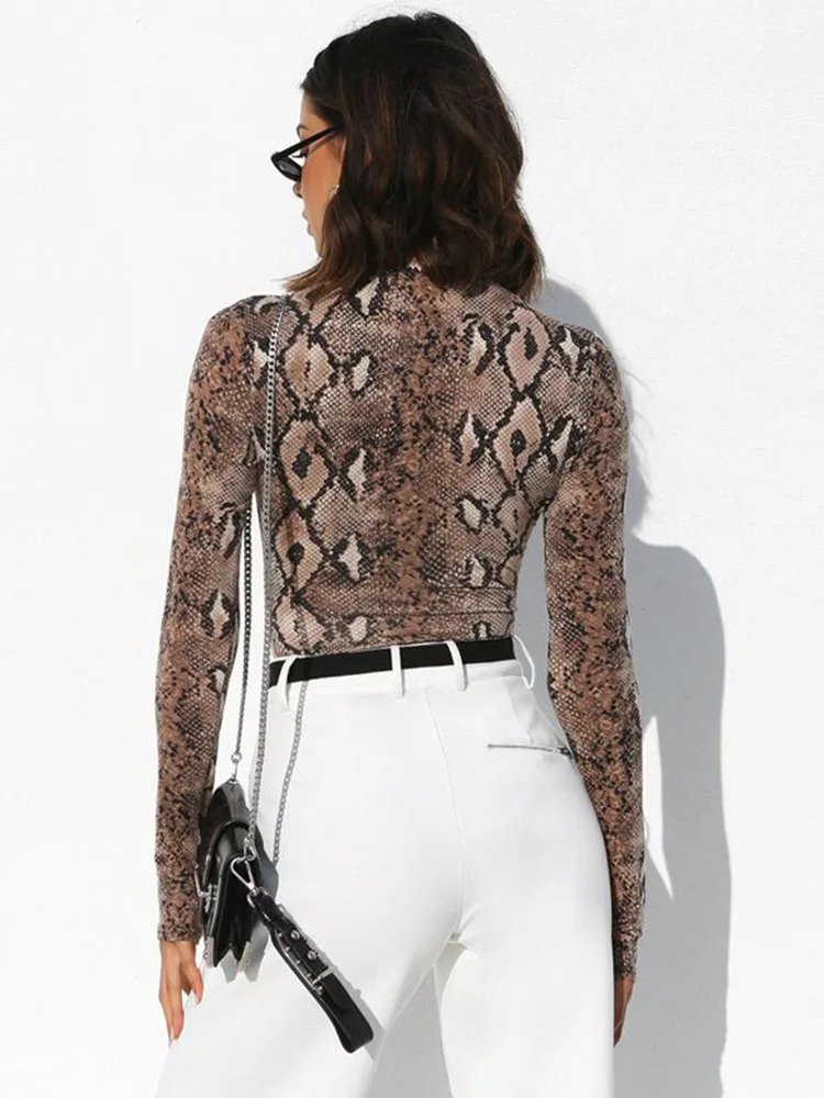 InstaHot Snakeskin Bodysuits Women Sexy Snake Skin High Turtleneck Long Sleeve Python Fashion 2018 Spring Rompers Playsuit Lady mesh bodysuit