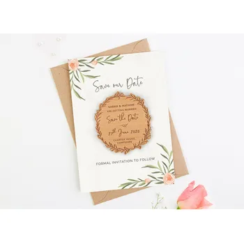 

Leaves wreath wood Magnet, personalized boho Save The Date Magnets, Botanical wedding Invites with card, bridal shower gift idea