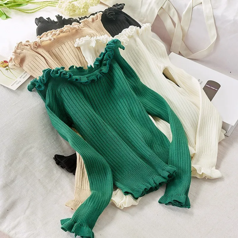 

NiceMix Women Spring Autumn Slash neck Long Flare Sleeve Pullovers Basic Ruffles Sweaters Vintage Short Elastic Knitted Sweaters