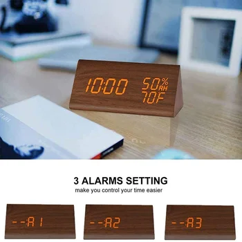 

Wooden Made Electronic LED Time Digital Alarm Clock with Display 3 Alarm Settings Humidity Temperature Detect Clocks Bedroom