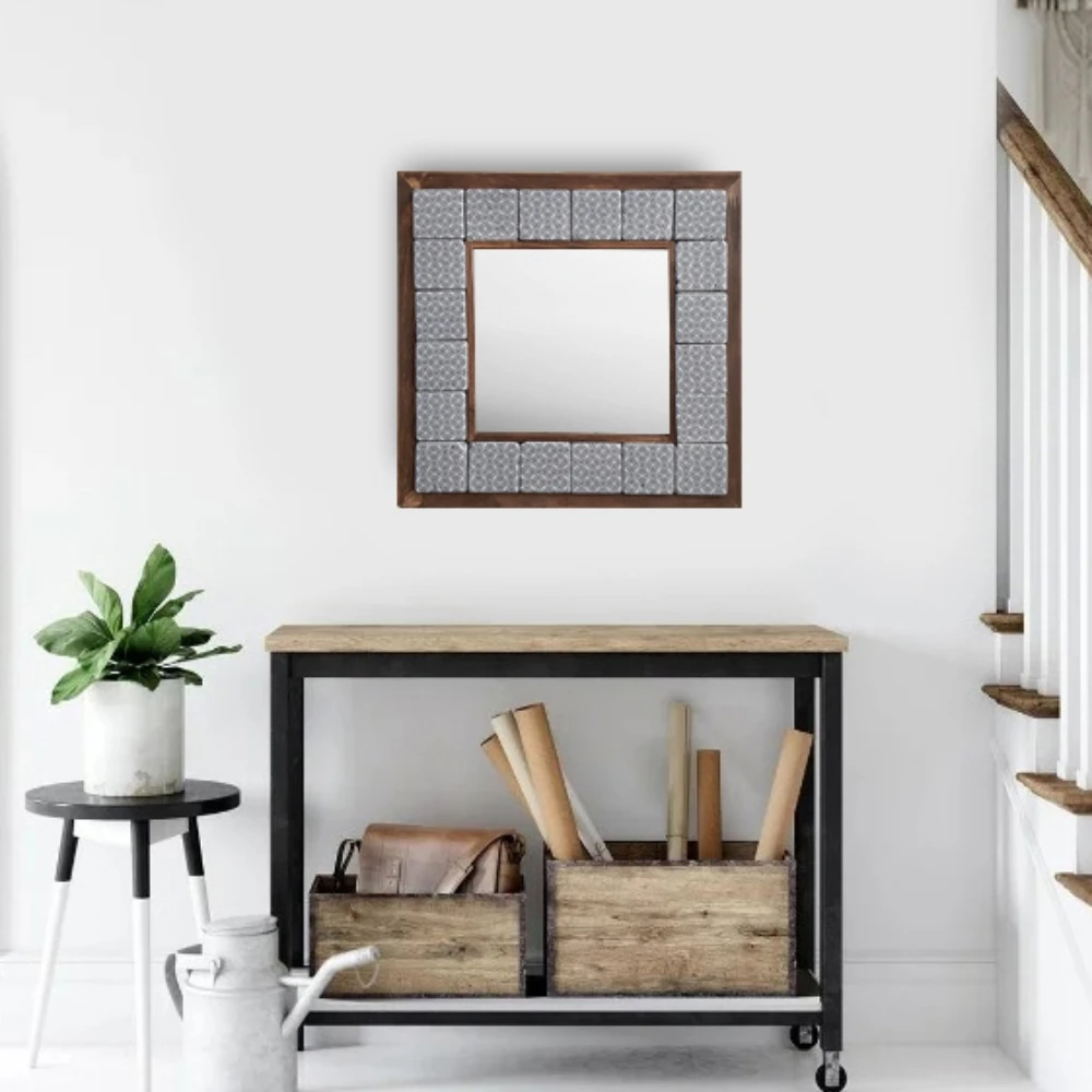 

Handmade Wall Mirror Decorative Natural Stone Wooden Framed Art Decor Vintage Mosaic Printed Tile Square Gift Hang 33cmx33cm