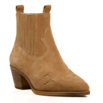 

FootCourt- Suede Tan Genuine Leather Tobacco Coloured Cowboy Ankle Boots Chunky Wedge Pointed Toe Women Stretch Western Boots