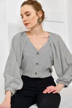 

Trend Alacati Style Women Black V-Neck Button Woven Bluz ALC-X3576