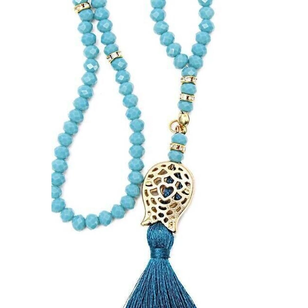 IQRAH Tulip Patterned Tasseled 99 U Crystal Pilgrimage Umrah Gift Rosary-6mm Light Blue-3141