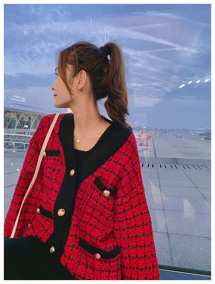 Obrix Plaid Pattern Sweet Office Lady Female Cardigan V-Neck Full Sleeve Loose Pockets Buttons For Women |