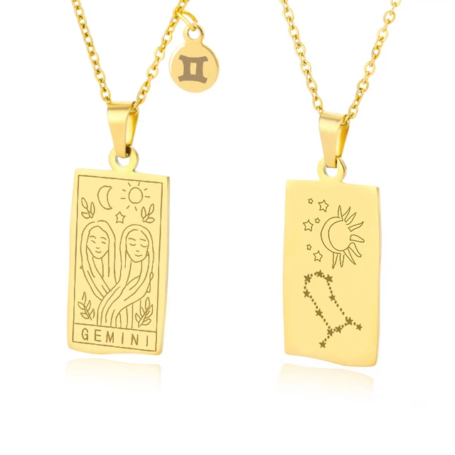 Vintage Zodiac Necklace For Women Gold Stainless Steel Constellation Aquarius Pisces Leo Chain Choker Necklace Goth Jewelry Gift Gemini