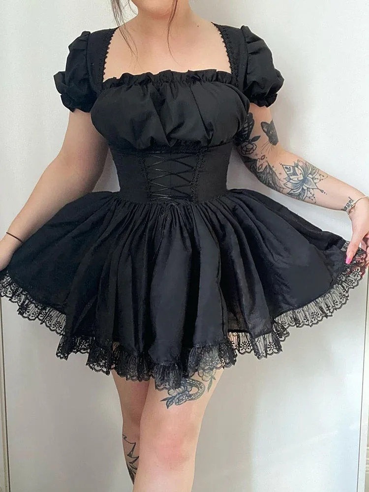 InsDoit Lolita Gothic Black Corset Dresses For Women Harajuku Vintage  Aesthetic Mini Dress Y2K Punk Elegant Party A Line Dresses