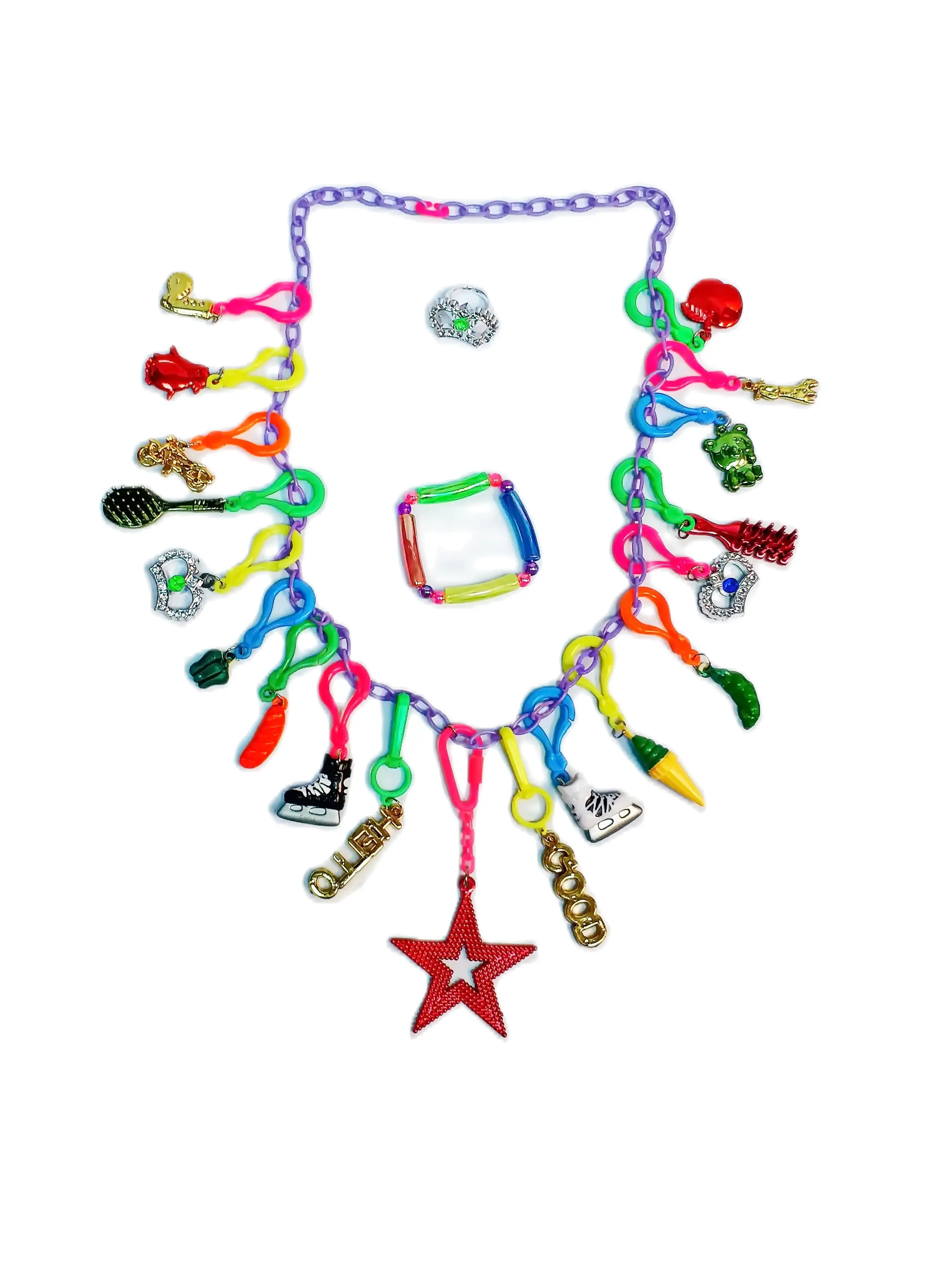 VINTAGE Plastic 60 Charms 80cm Necklace Retro Fashion Cloth Jewellery  Jewelry Chain Chip Birthday Party Favor 80' X'mas Multi