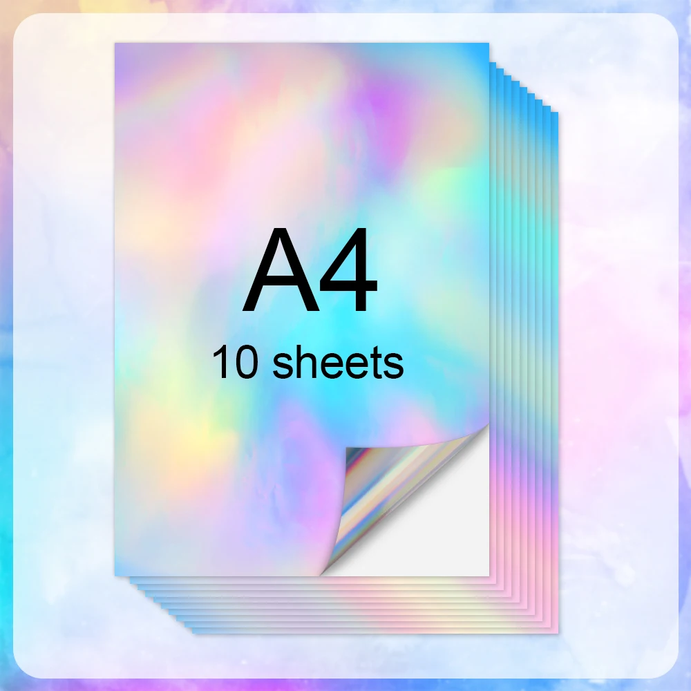 10 Sheets Holographic Paper A4 Vinyl Sticker Printable Label Self Adhesive Paper Sticker Waterproof Laser Color for Inkjet Print self adhesive stickers,printer sticker paper,printing label sticker