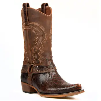 

FootCourt- Tan Genuine Leather Tobacco Coloured New Cowboy Boots For Men Snake Printed Real Leather Buckle Mid Calf Pointed toe