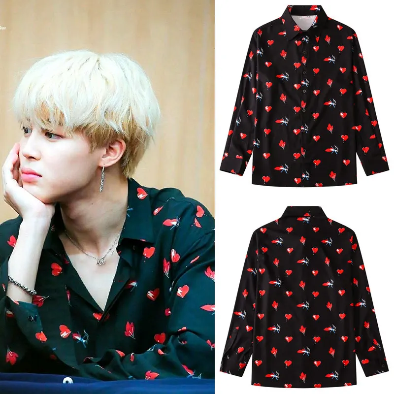 JIMIN Black Shirt Heart Flower Print Fashion Unisex Spring Long Sleeve Lapel Tops Heart Shirt 2023 Kpop Oversize Korean Clothes
