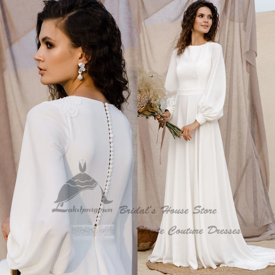 affordable wedding dresses Muslim Robe Satin Long Sleeve Wedding Dress O-neck Elegant Bridal A Line Wedding Dresses Lace Appliques Vestido de Noiva 2022 bridesmaid dresses