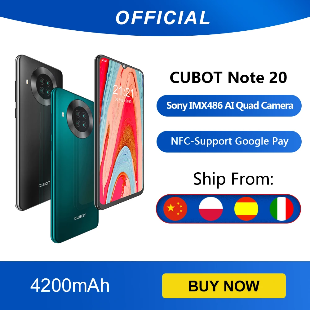 Cubot Note 20 cuádruple cámara trasera Smartphone NFC 3GB + 64GB 6,5 Inch 4200mAh batería Google Android 10 tarjeta SIM Dual teléfono móvil 4G LTE celular OTG celular