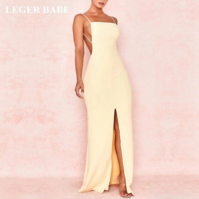 

LEGER BABE Autumn New Split Women Vestidos Spaghetti Strap Maxi Bandage Dress Sleeveless Backless Celebrity Evening Party Dress
