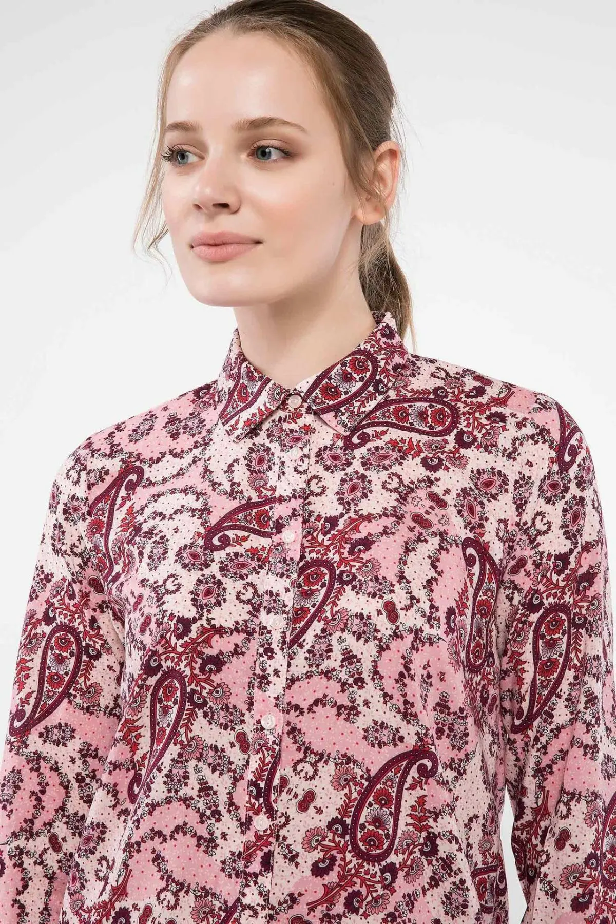  DeFacto Woman Summer Pink Color Blouse Women Casual Floral Prints Shirt Female Long Sleeve Woven Tu