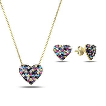 

Kutaydan Mixed Color Zircon Stone Heart 925 Sterling Silver Set Made in Turkey